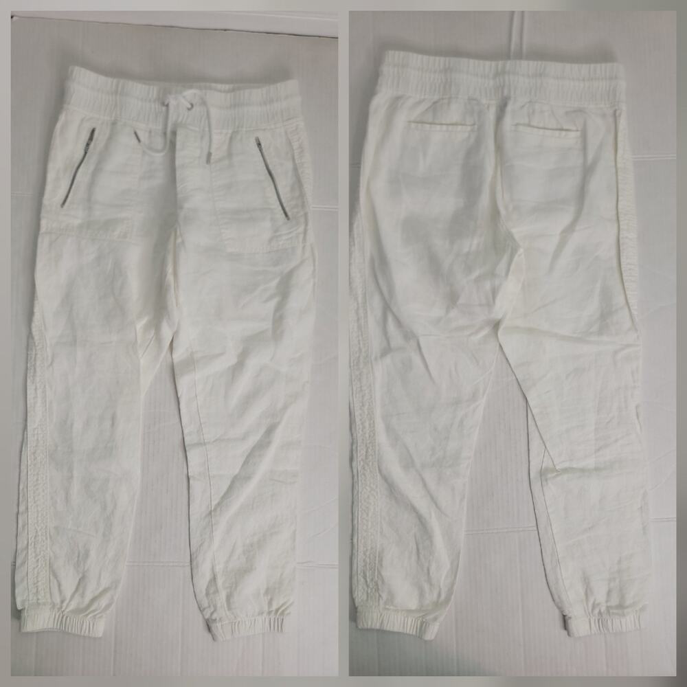 Athleta Cabo Tide Linen Joggers Pants SZ 8 Elastic Waist Coastal Beachy White